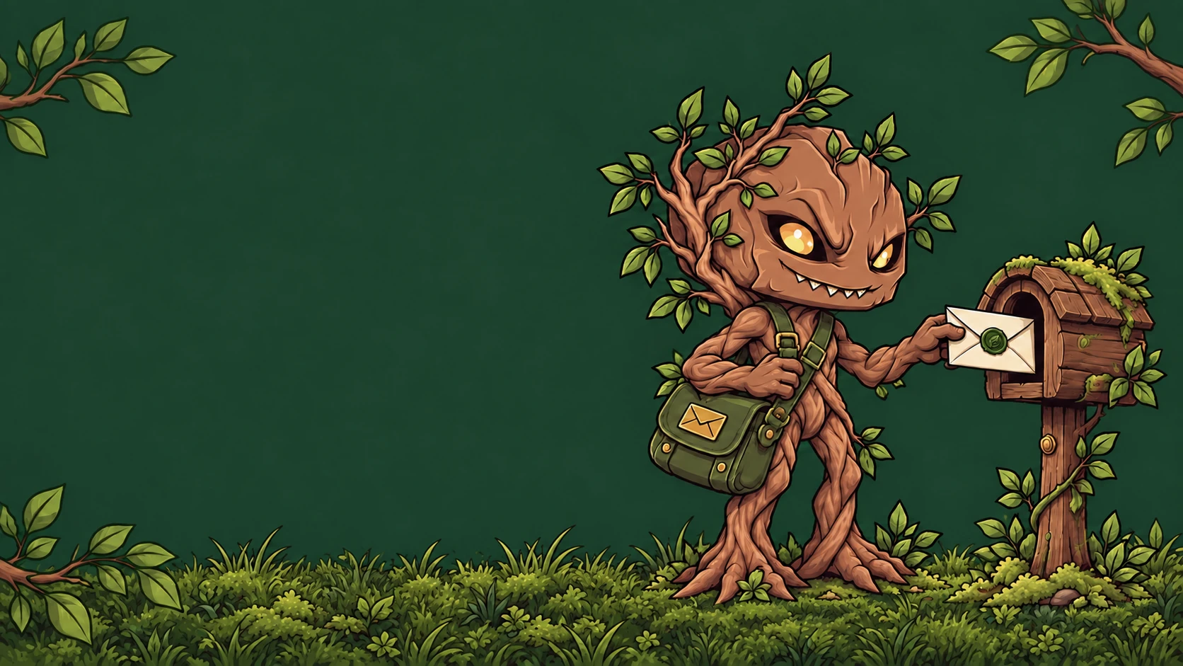 Grood standing beside a woodland mailbox, delivering a sealed letter, framed by leafy branches