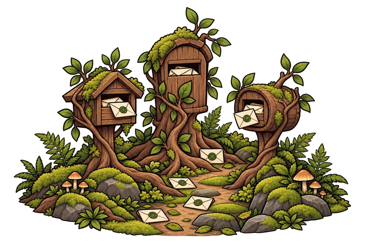 Three woodland postboxes connected by roots, with letters arriving between them